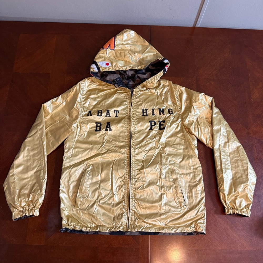 A Bathing Ape BAPE Vtg Y2K Shark Full Zip Hoodie Metallic Gold Reversible Camo L